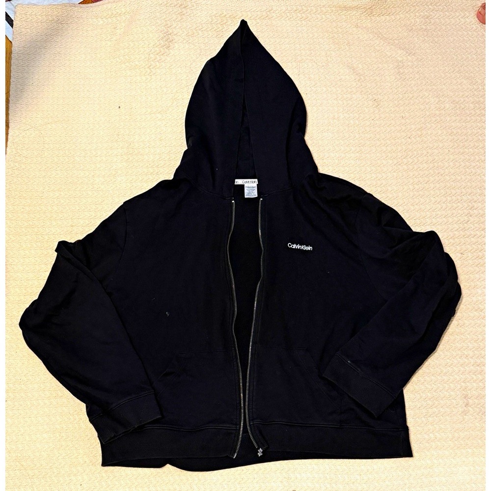 Calvin Klein Women's Black Solid Full Zip Fleece Hoodie Pockets XL Logo